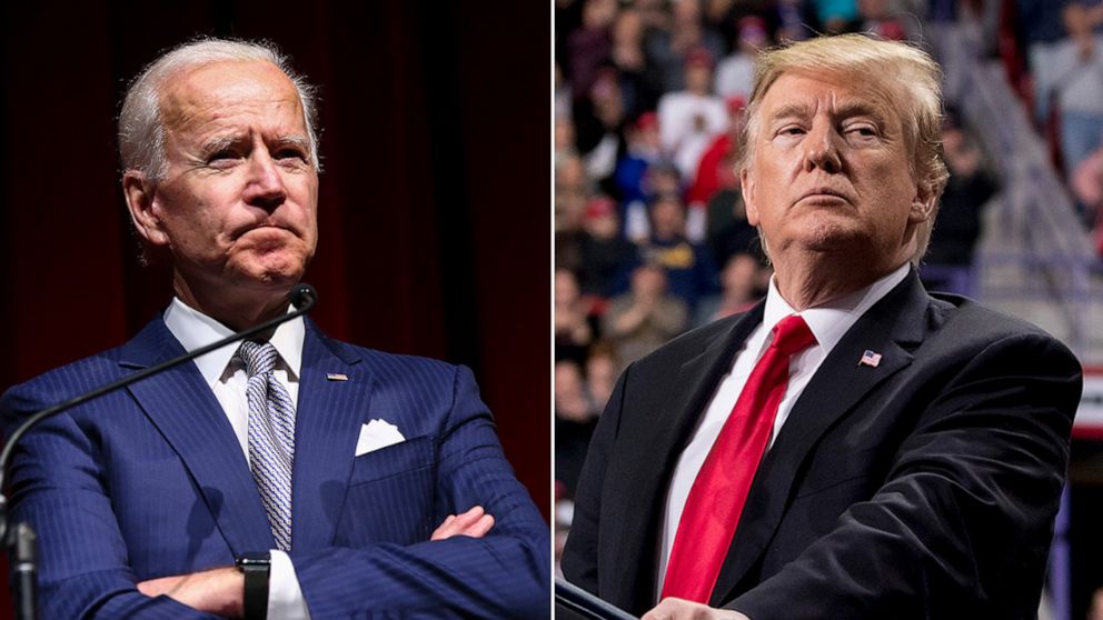 A picture of Joe Biden and Donald Trump side by side, looking out towards the crowds gathered before them.